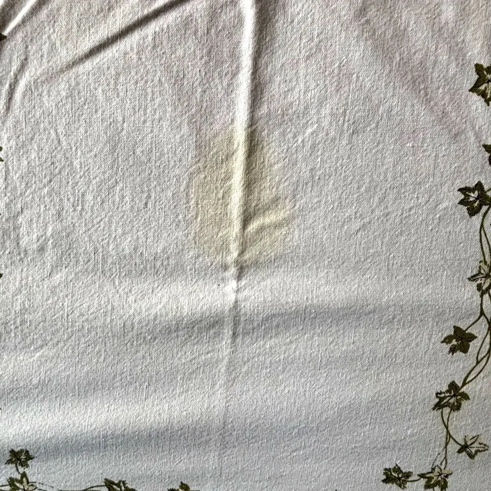 Vintage Mid Century Printed Cotton Tablecloth White Yellow Green Rectangle FLAWS